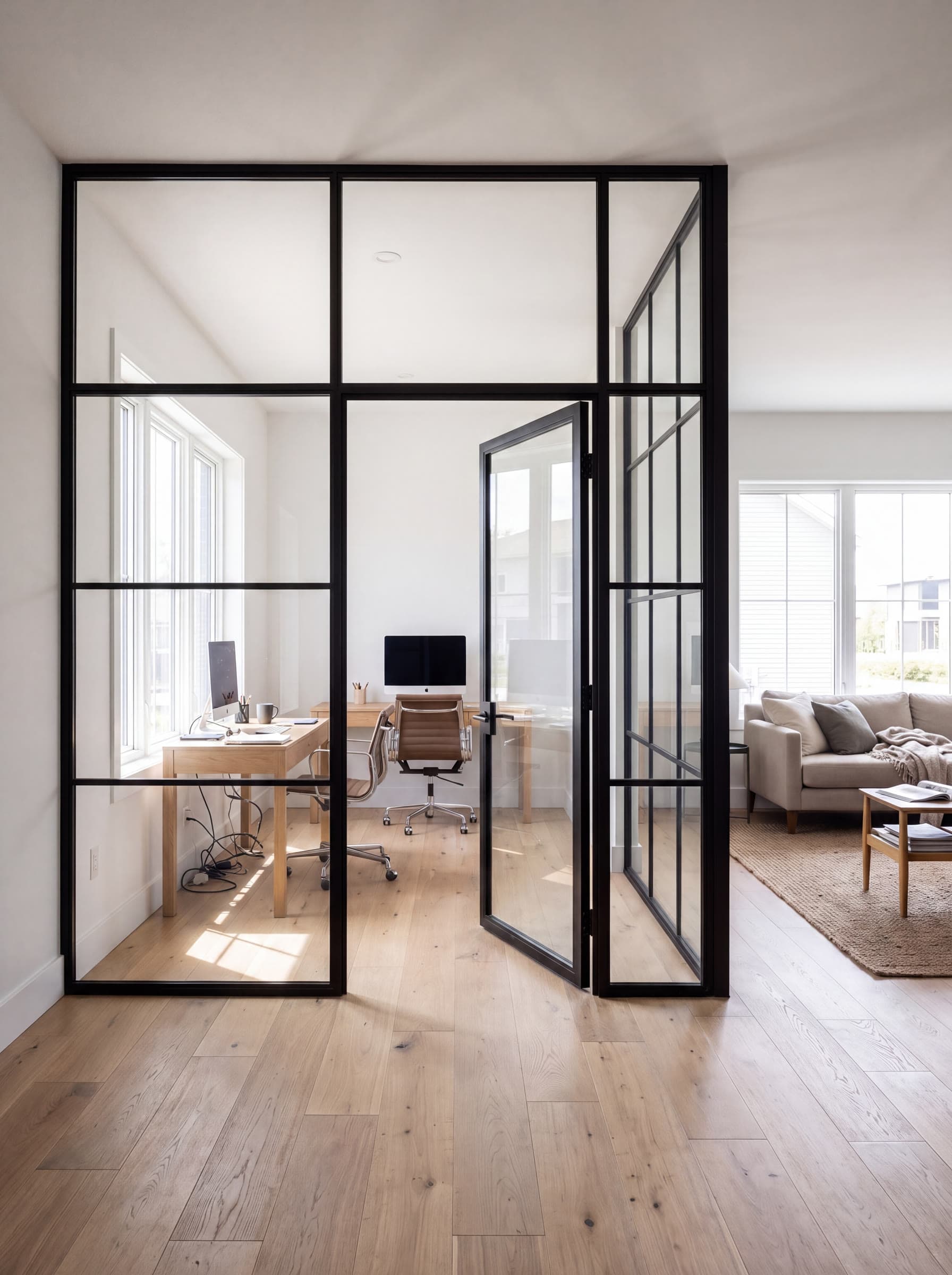 Cloison vitrée à cadre noir avec porte, entre un bureau à domicile et le salon