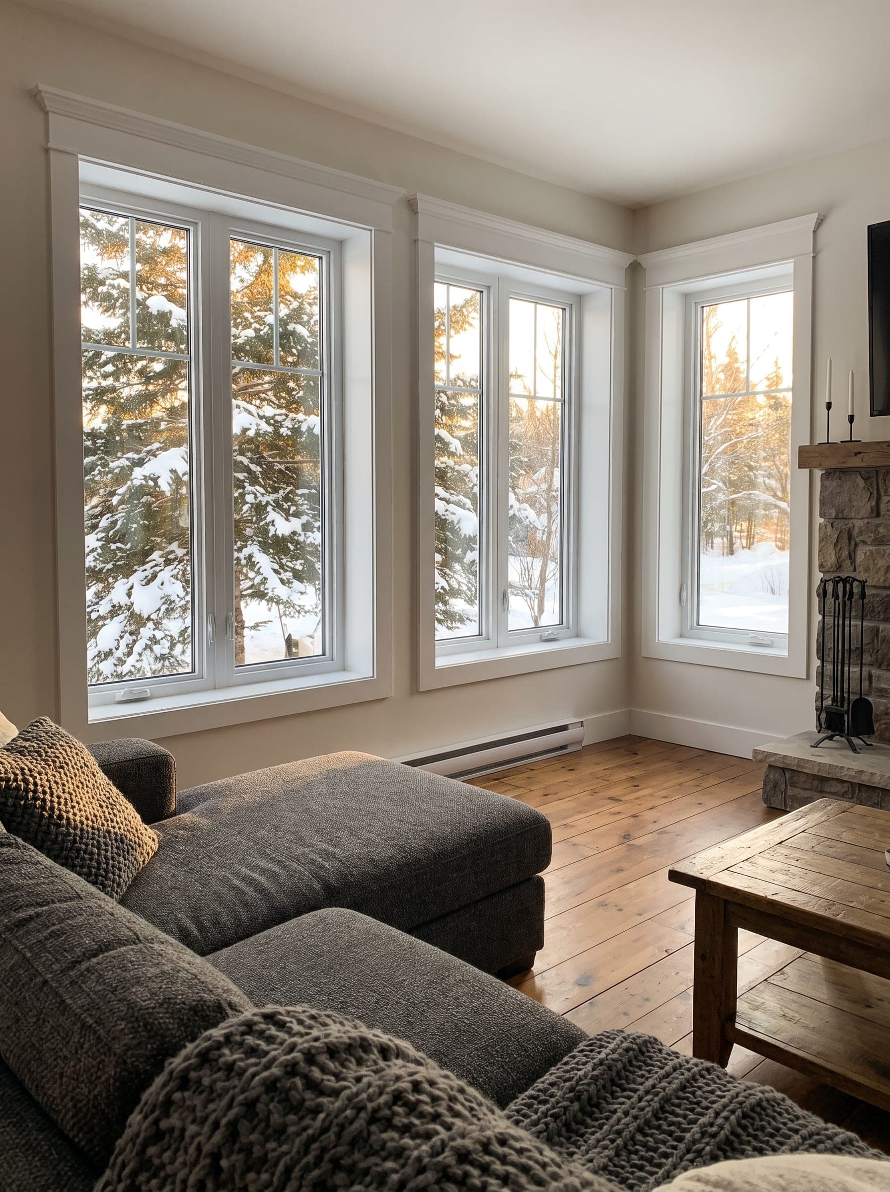 New white casement windows in a bright living room in winter